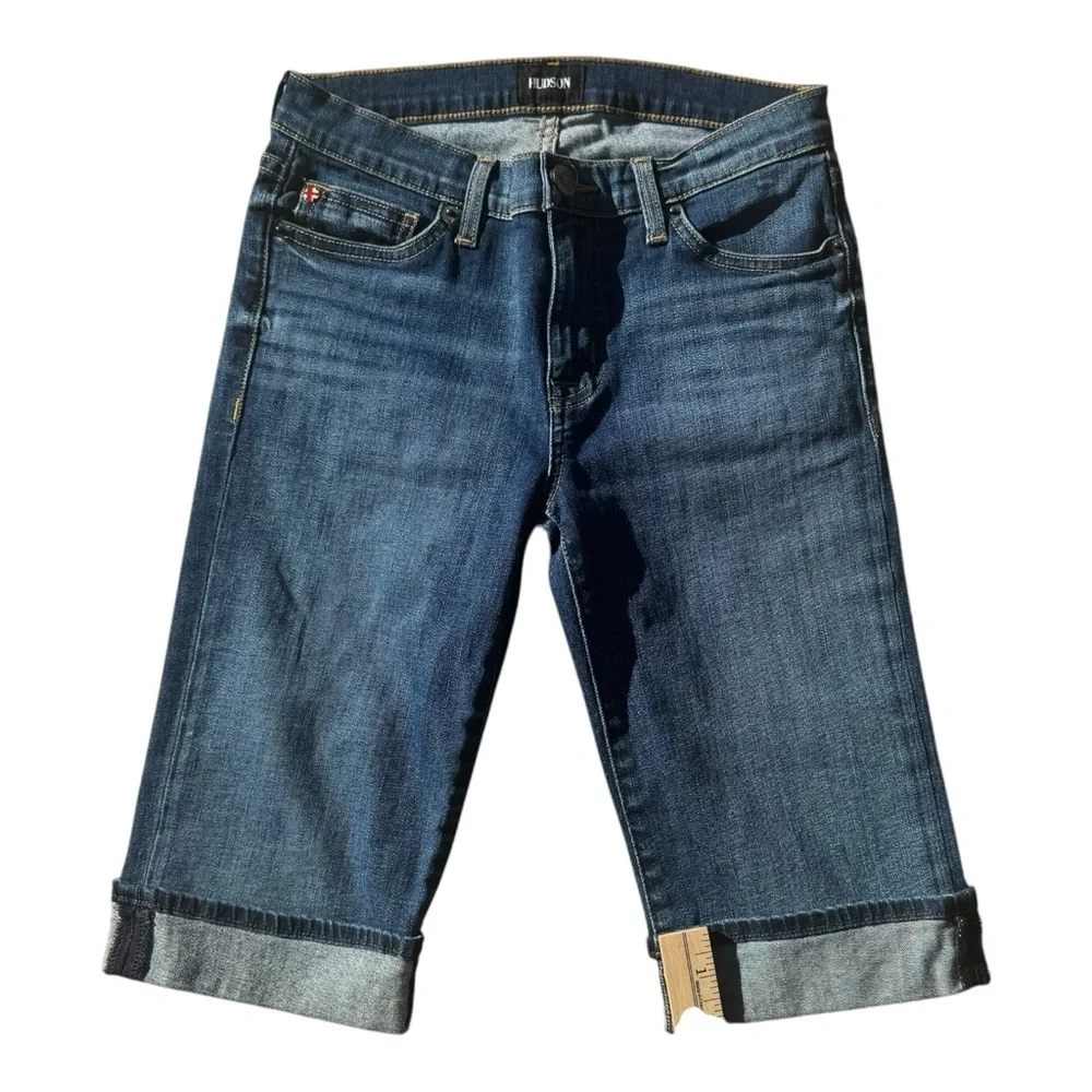 🩳 Hudson Amelia Rolled Cuffed Knee Mid-Rise Indigo Denim Bermuda Shorts Sz 26 - Picture 3 of 15